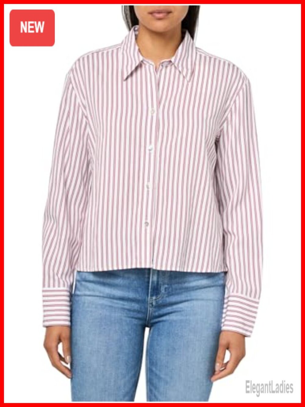 Cropped Button Down Striped Shirt Classic Fit Boxy Long Sleeve Collared